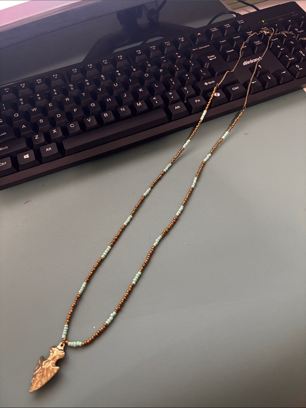 Blue and gold arrowhead fashion necklace 16.5 inch chain beaded